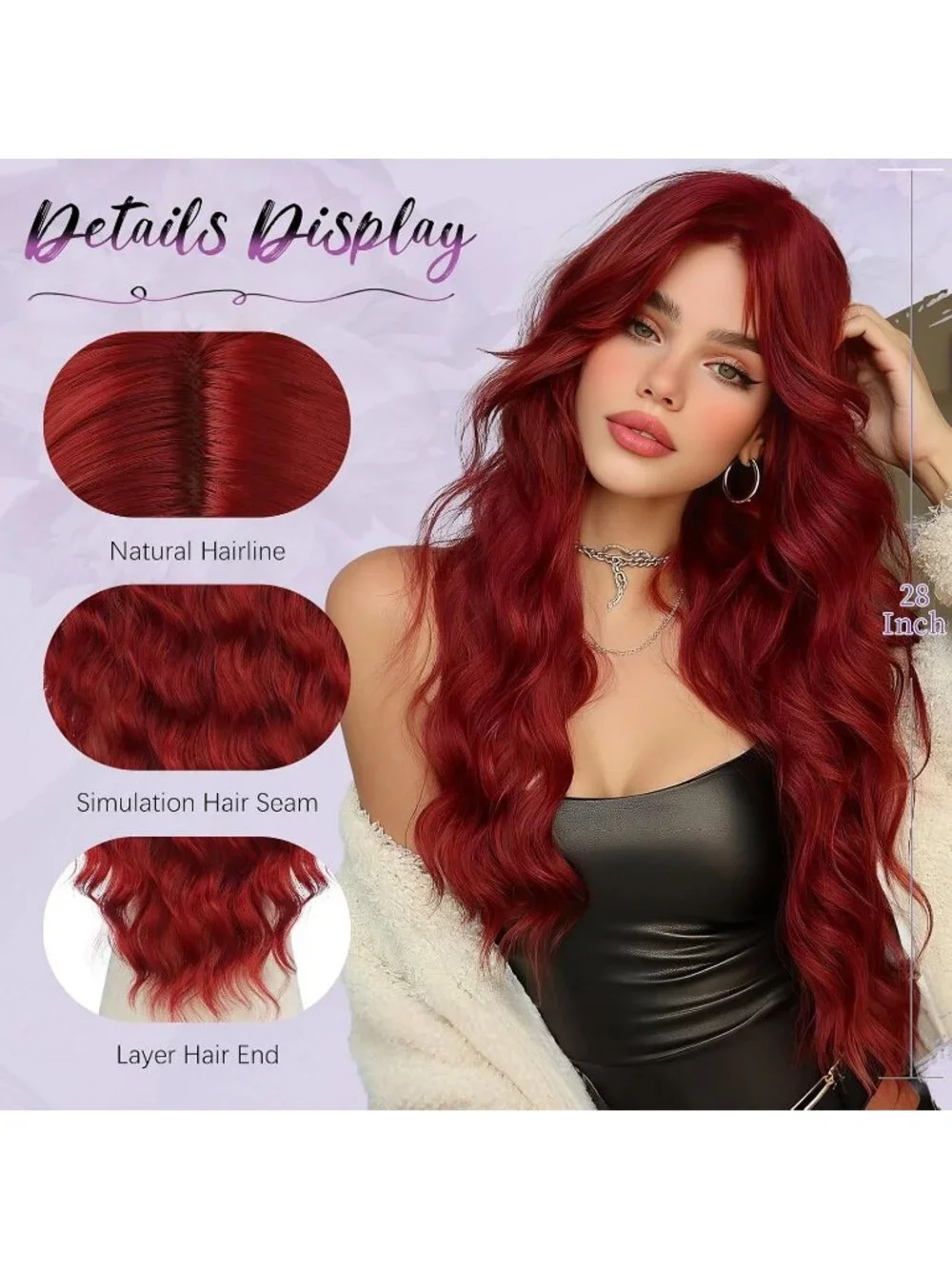 Women's Dark Red 28 Inch Lace Front Soft Synthetic Long Wavy Curly Wigs